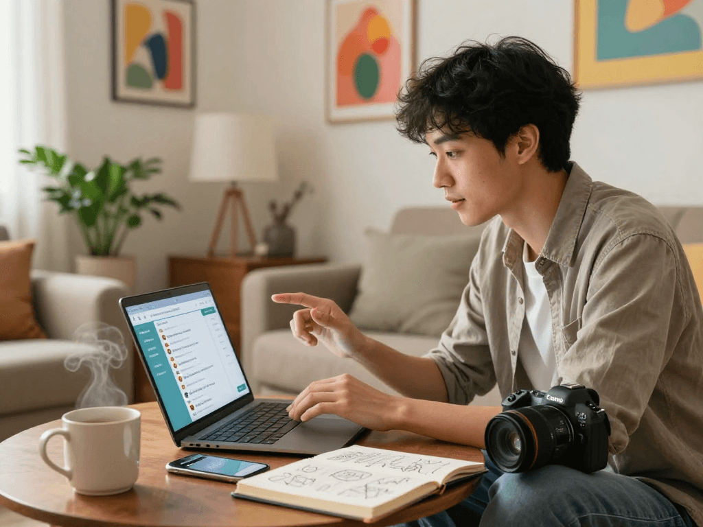 Engaging ai dirty chat experience in a stylish living room with modern decor and tech elements.