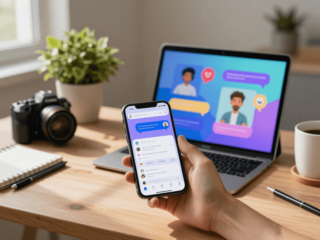 User enjoying sex ai through a smartphone app, immersed in a digital conversation in a cozy and modern home setting.