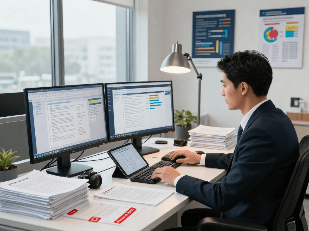 Document fraud detection scene with analyst reviewing alerts and analyzing trends in a bright office environment.