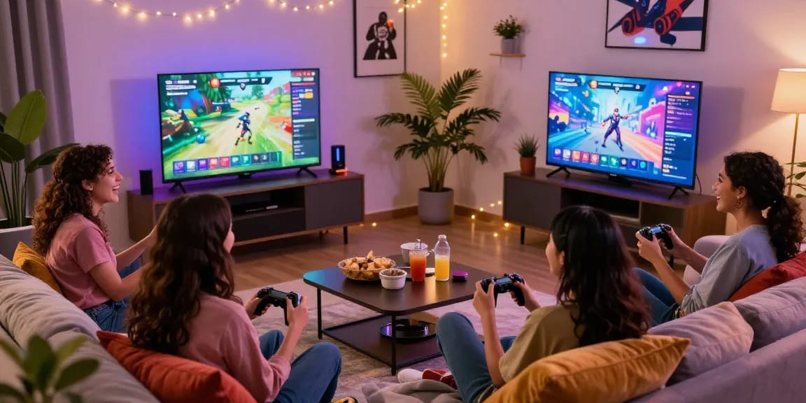 Group of women enjoying female porn game together in a cozy gaming space, vibrant colors and inviting atmosphere
