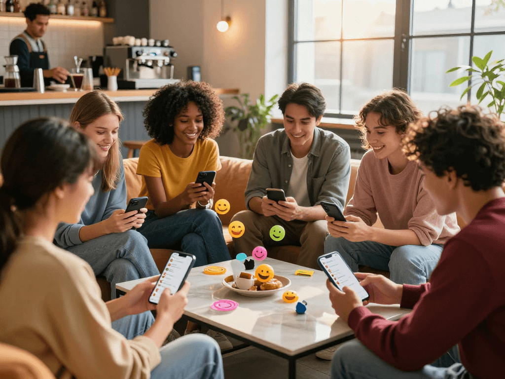 Friends enjoying lively spicy chat ai conversations in a modern social setting.