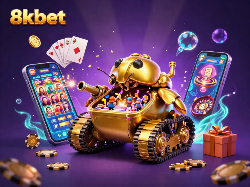 Engage with 8xbet's vibrant casino experience in a dynamic 3D illustration of a unique beetle tank.