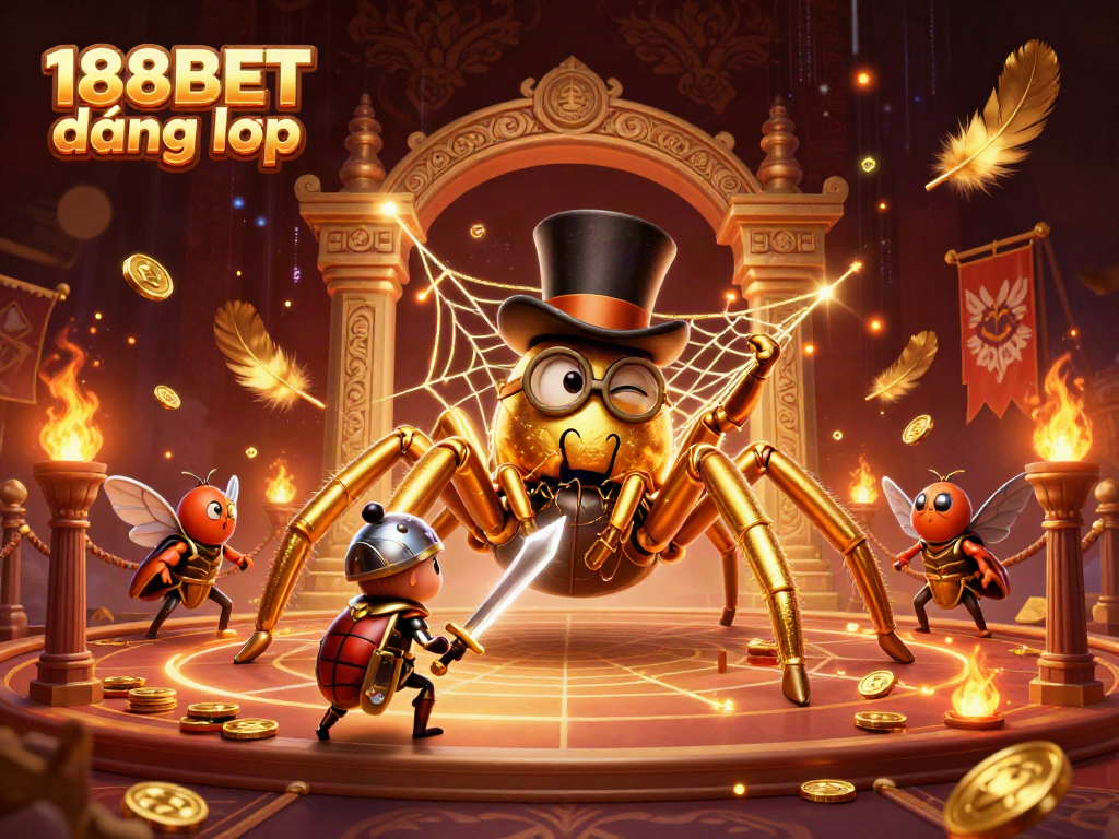 Immerse in 188BET đăng nhập with a vibrant 3D illustration capturing a golden tarantula and beetle knight amid a rich casino setting.