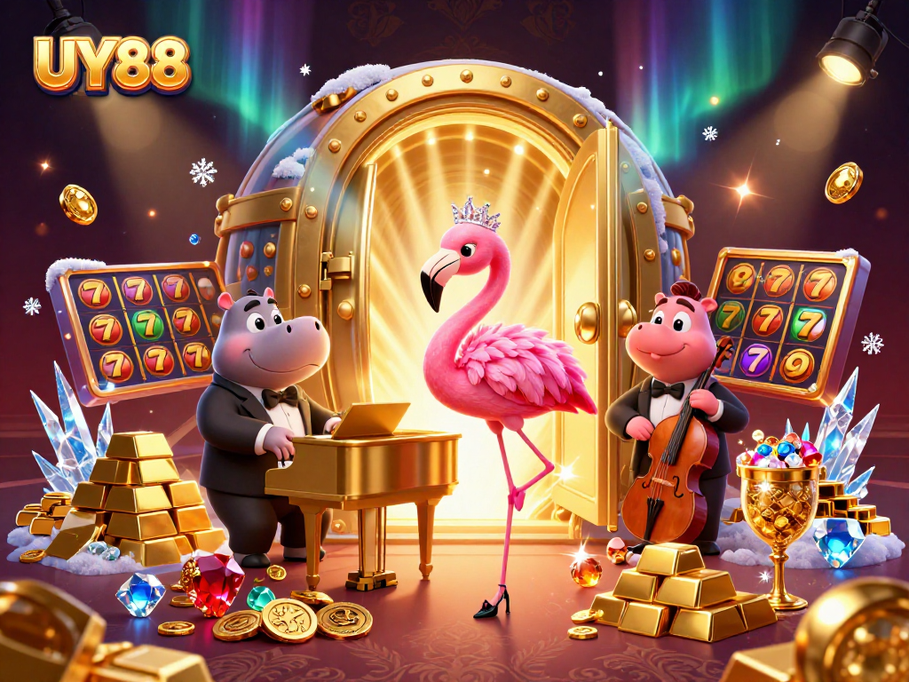 Experience the excitement of UY88 with a vibrant scene filled with jackpot reels and treasures.