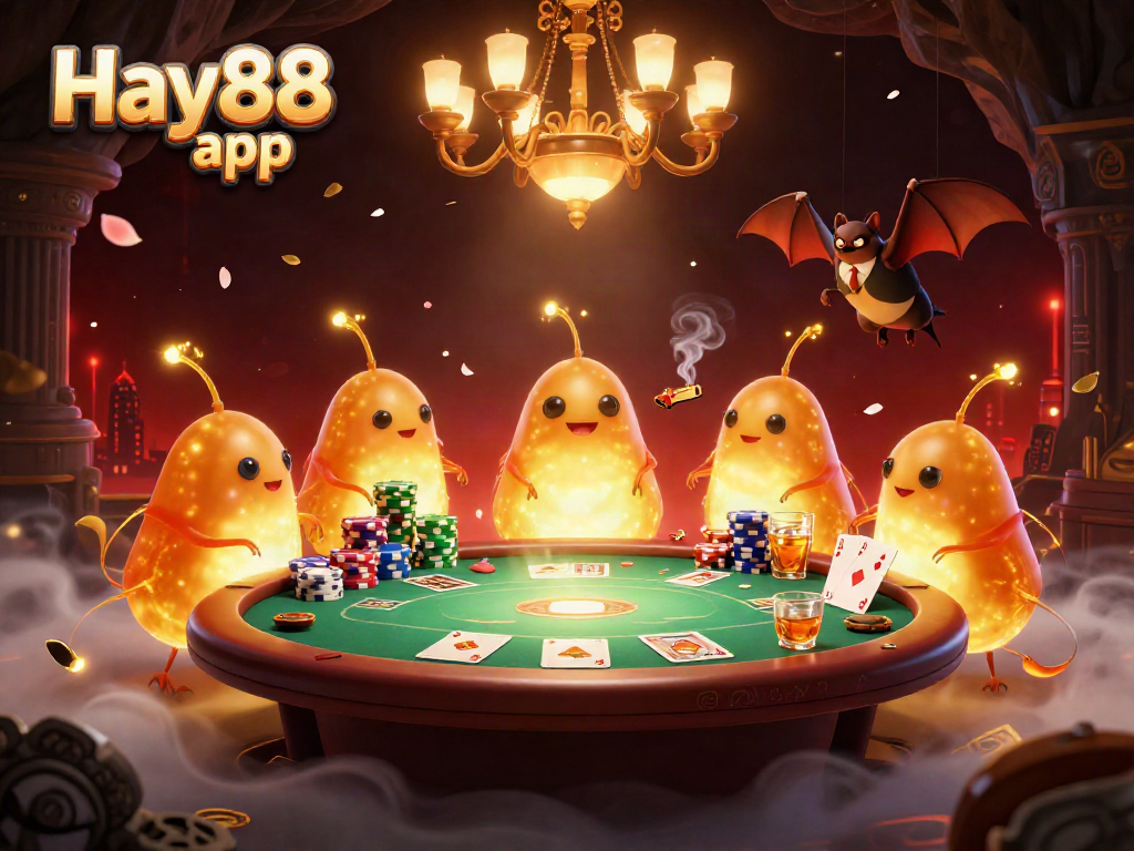 Engage with Hay88 app as glowworms illuminate a vibrant cave casino with poker, chips, and exciting gameplay.
