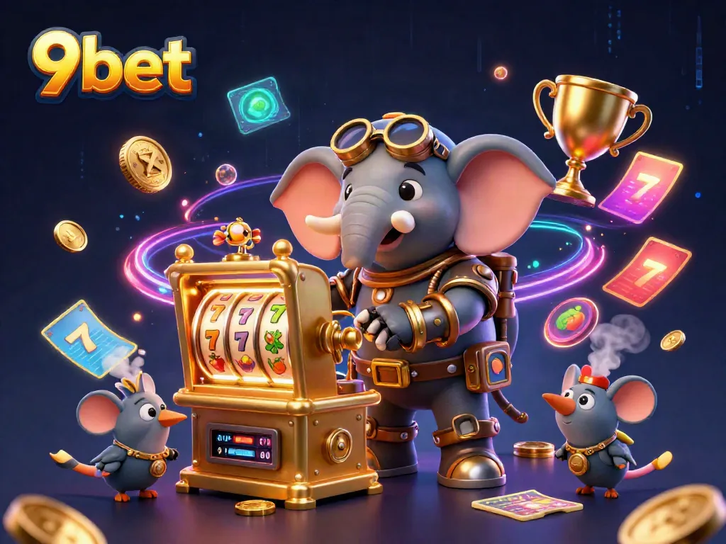 Spin and win at 9bet with a vibrant 3D illustration showcasing a steampunk elephant operating a golden slot machine.