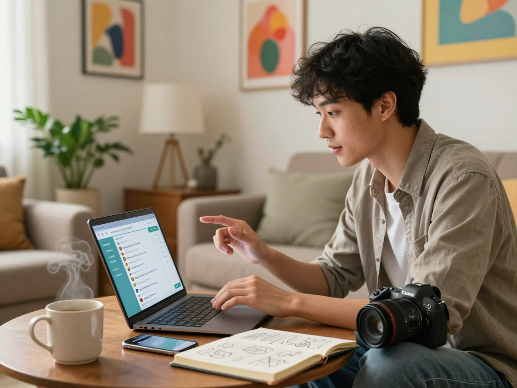 Engaging ai dirty chat experience in a stylish living room with modern decor and tech elements.