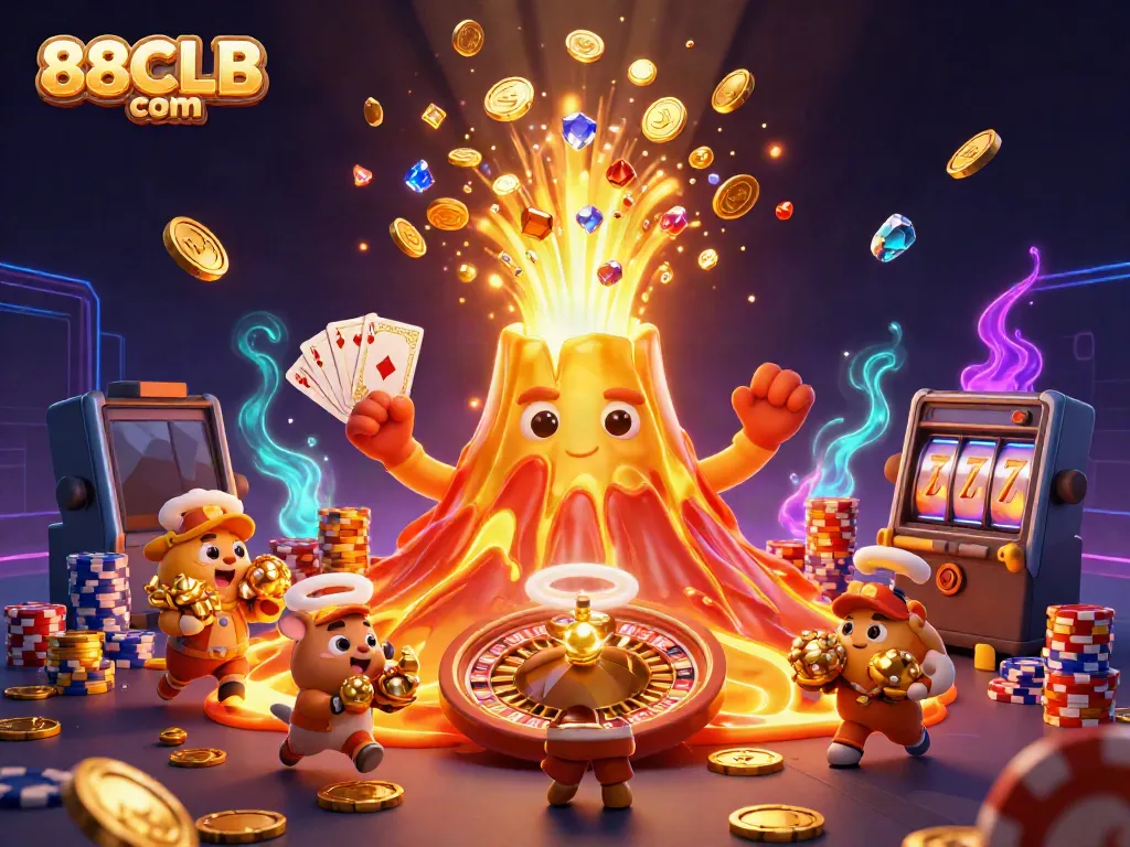 Engage in thrilling gaming at 88CLB com with dynamic treasures erupting from a golden volcano, showcasing the excitement of casinos.