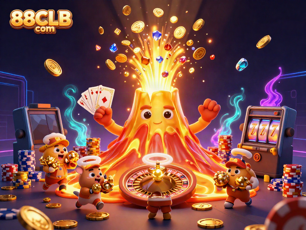 Engage in thrilling gaming at 88CLB com with dynamic treasures erupting from a golden volcano, showcasing the excitement of casinos.
