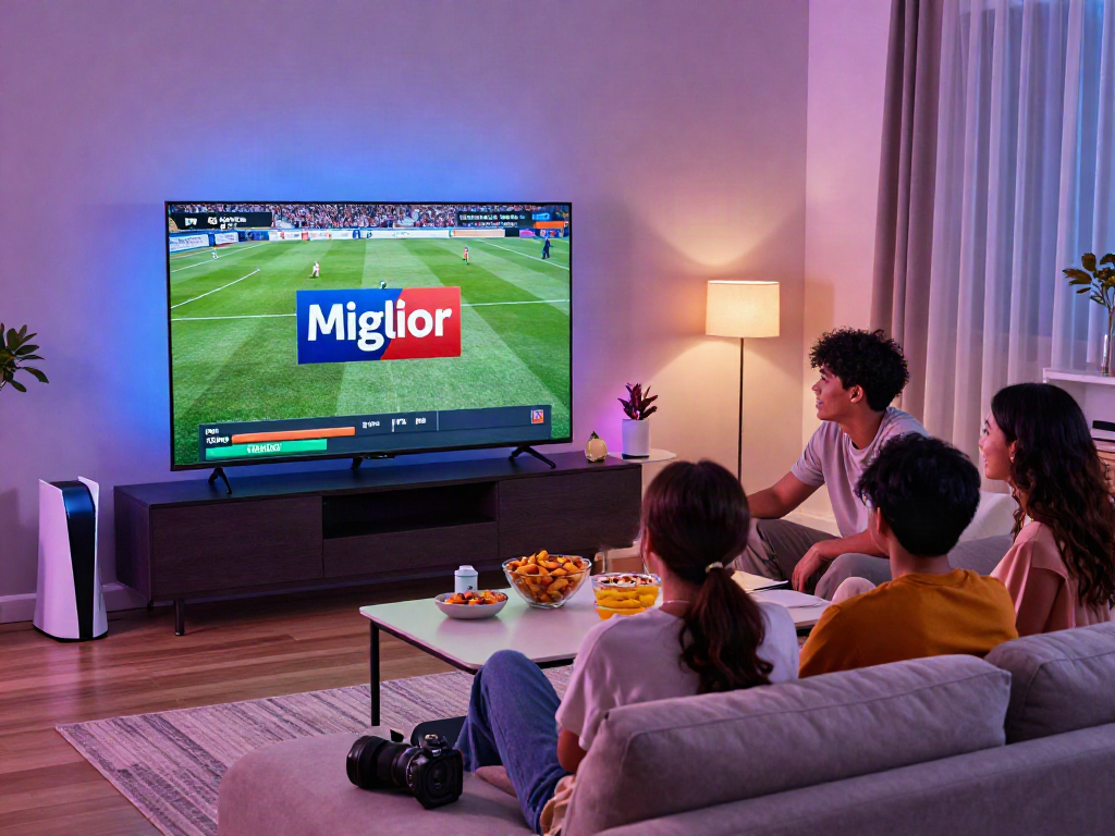 Miglior Iptv live sports streaming in a vibrant home setting with friends watching on a smart TV.