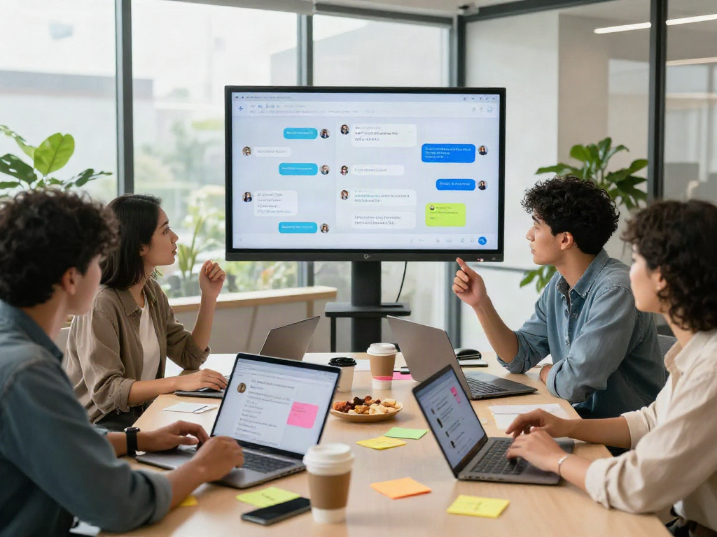 Engaging team collaborating on spicy chat AI project in a bright office.