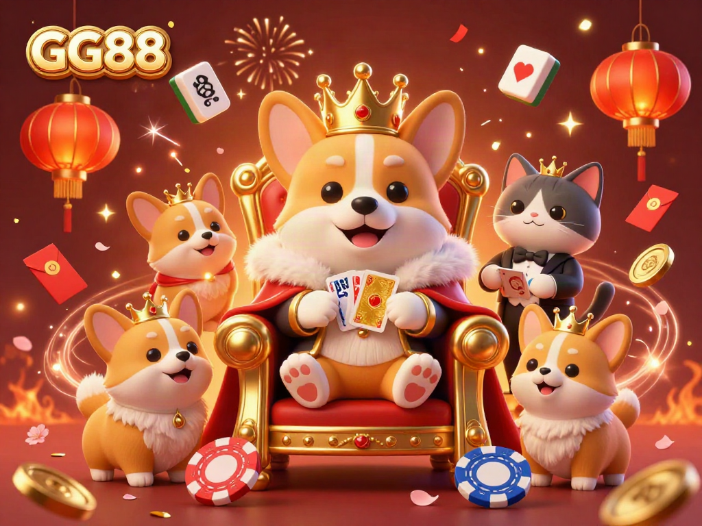 Experience the excitement at GG88 with a royal corgi throne, mahjong tiles, and celebratory fireworks.