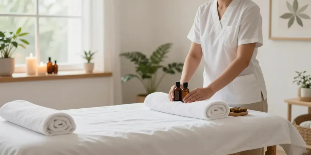 Relaxing 강남출장마사지 setup with massage table and aromatic oils.