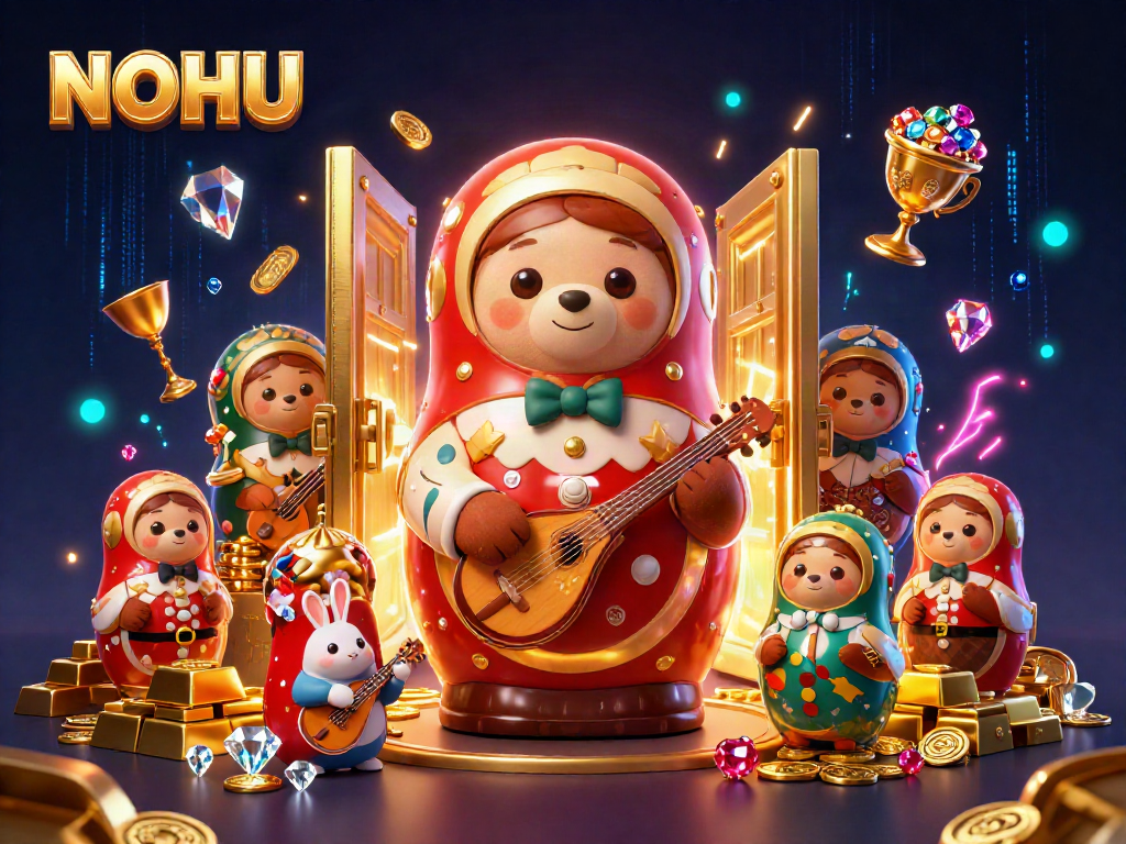 Win big with NOHU's colorful 3D casino-themed illustration featuring dynamic characters and gold rewards.