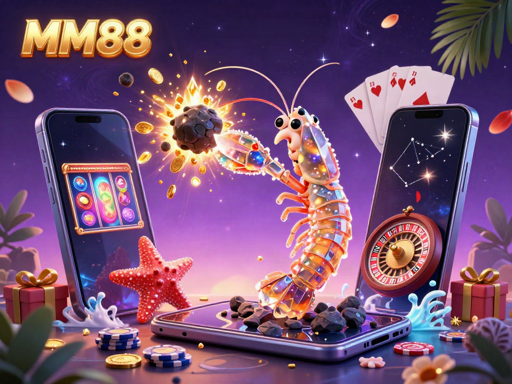 MM88 players engage with a vibrant slot game amidst exploding gems and cosmic elements in a playful casino scene.