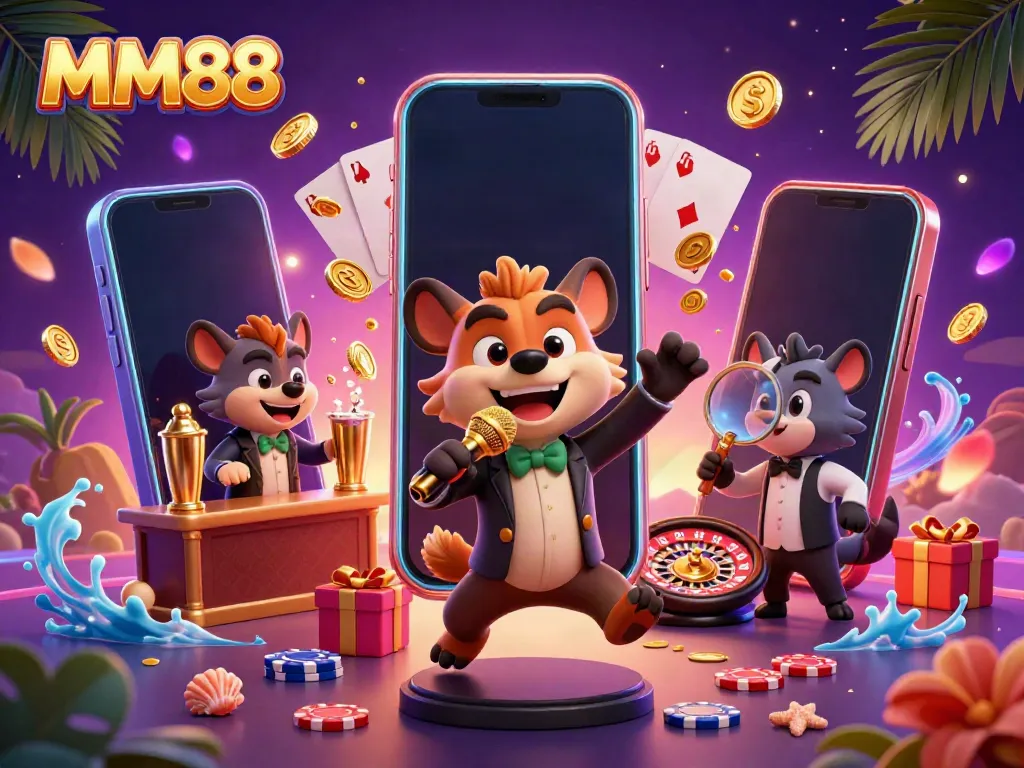 Experience the excitement of MM88 in a vibrant comedy casino club scene with hyenas enjoying gaming activities.