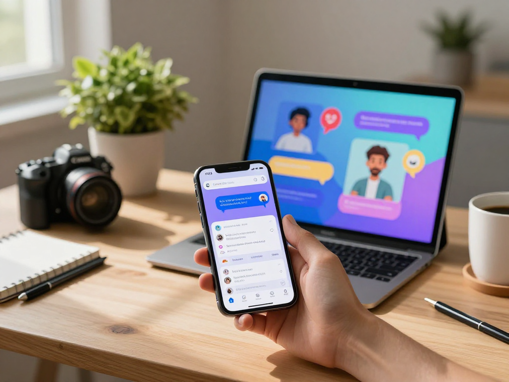 User enjoying sex ai through a smartphone app, immersed in a digital conversation in a cozy and modern home setting.
