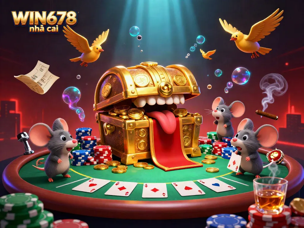Engage with the vibrant scene of WIN678 nhà cái featuring playful mice and a treasure chest in 3D illustration.