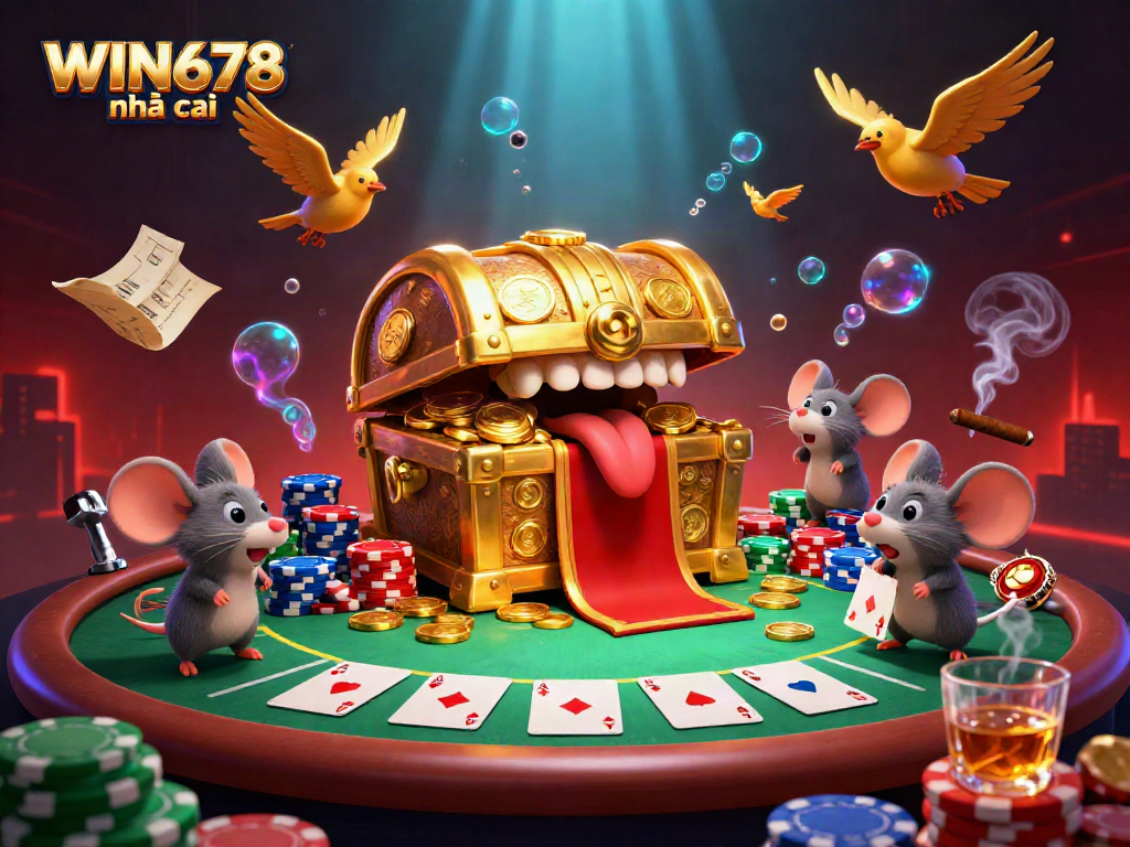 Engage with the vibrant scene of WIN678 nhà cái featuring playful mice and a treasure chest in 3D illustration.