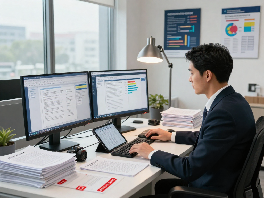 Document fraud detection scene with analyst reviewing alerts and analyzing trends in a bright office environment.
