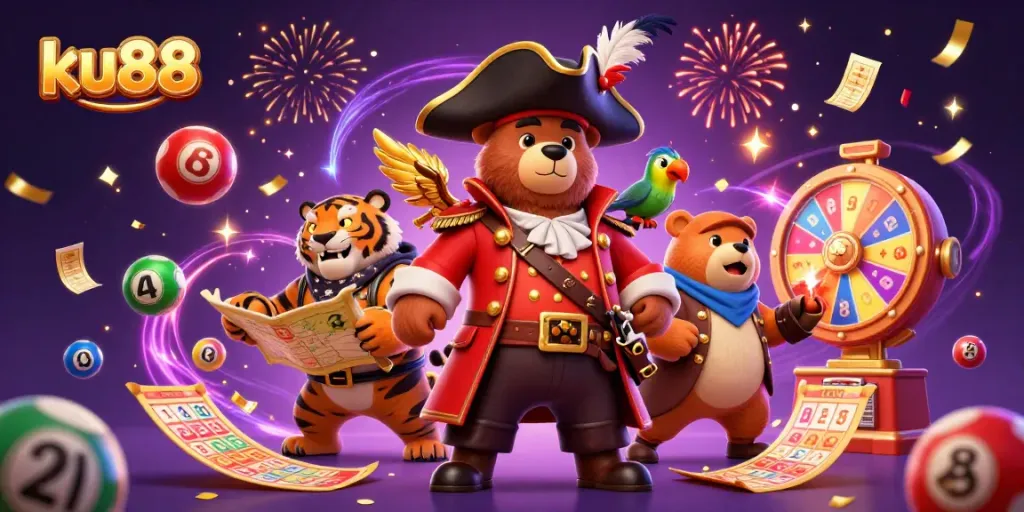 Engage with ku88's thrilling prize world, featuring a vibrant pirate scene with dynamic lottery action.