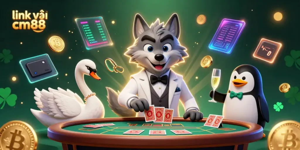 Experience exhilarating baccarat at link vào cm88 with a stylish wolf dealer and elegant swan, surrounded by shiny crypto elements.