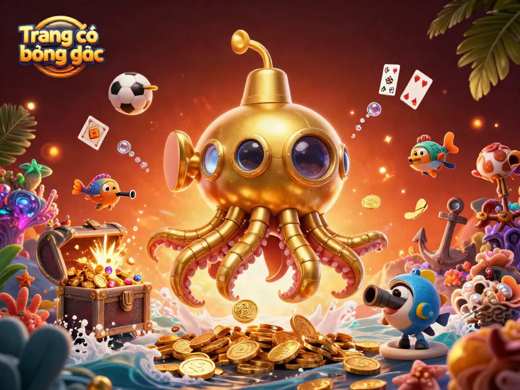 Engage with Trang cá độ bóng đá through thrilling sports betting alongside a golden kraken submarine.