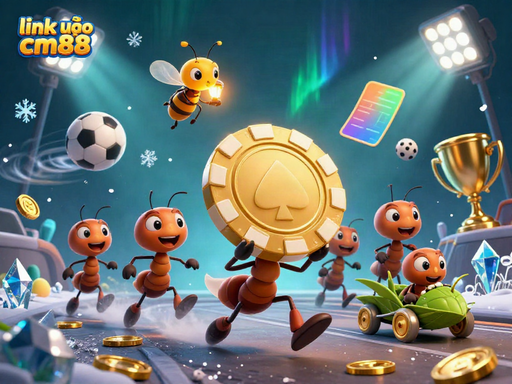 Experience thrilling action with link vào cm88, as ants execute a heist for giant poker chip amidst vibrant sports elements.