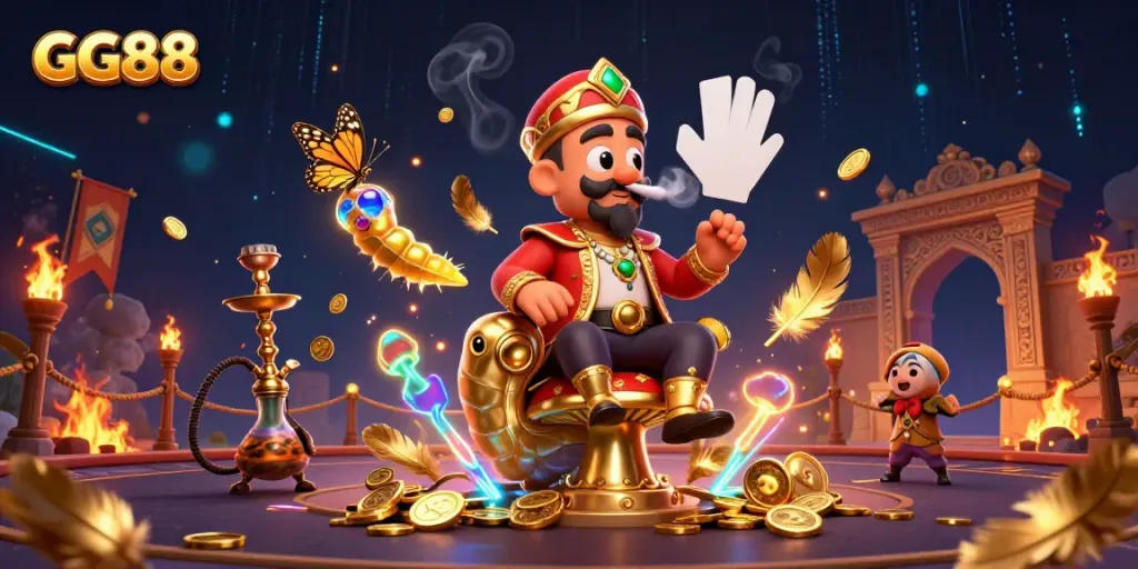 Experience the vibrant world of GG88 with a bold 3D illustration showcasing dynamic casino elements and characters.