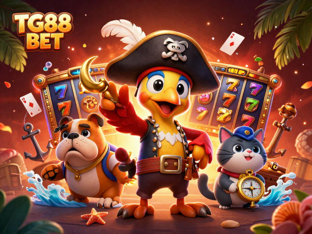 TG88 BET showcases a lively pirate-themed casino scene with vibrant slot designs and gaming elements.