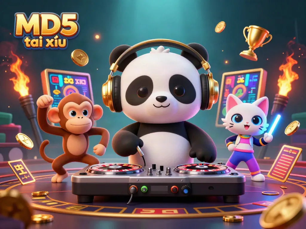 Experience the excitement of MD5 tài xỉu in this vibrant, dynamic casino scene with animated characters and thrilling game elements.
