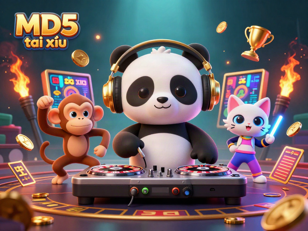 Experience the excitement of MD5 tài xỉu in this vibrant, dynamic casino scene with animated characters and thrilling game elements.