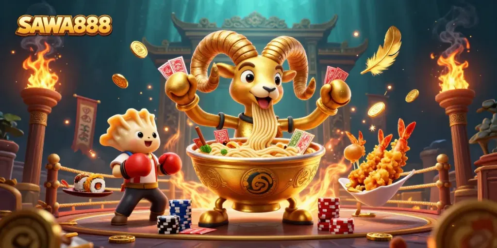 SAWA888 presents a vibrant 3D scene featuring animated casino characters engaged in a lively card game.