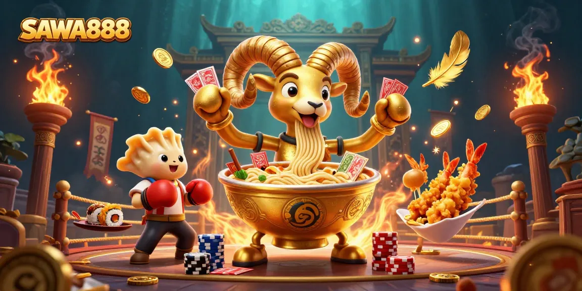 SAWA888 presents a vibrant 3D scene featuring animated casino characters engaged in a lively card game.