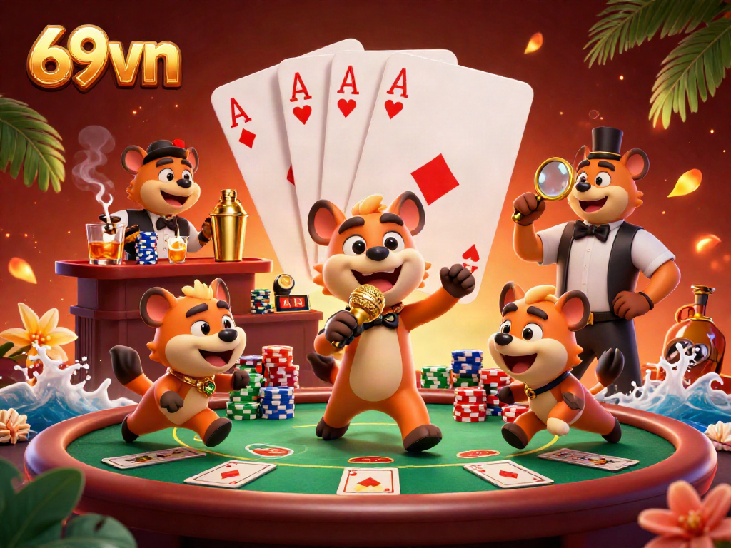 Experience the lively casino atmosphere at 69vn with comedy and gaming featuring hyena characters.
