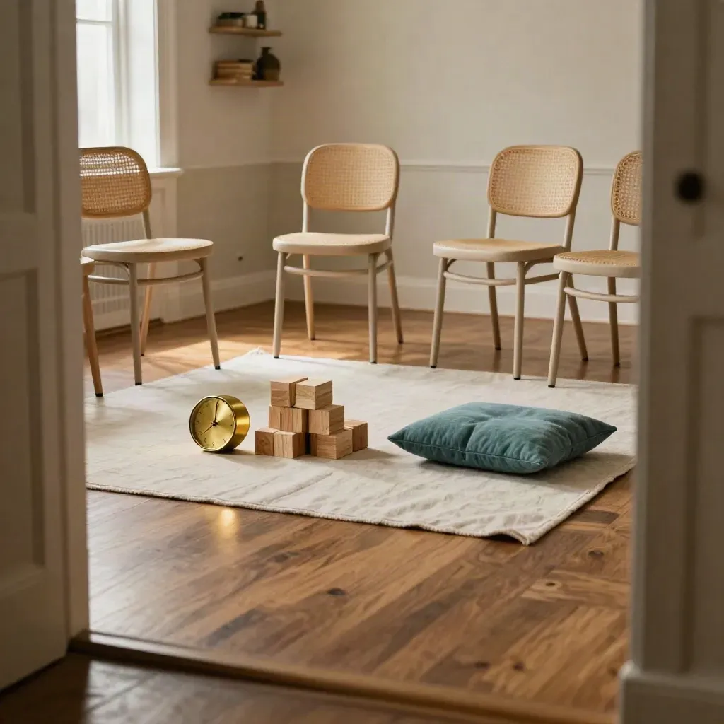 Sala formazione vuota con sedie chiare, timer in ottone e blocchi workshop su un tappeto di lino.