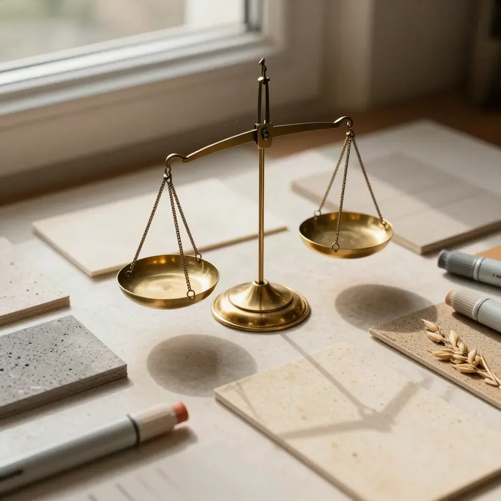Bilancia in ottone con tessere e schede di valutazione su travertino chiaro