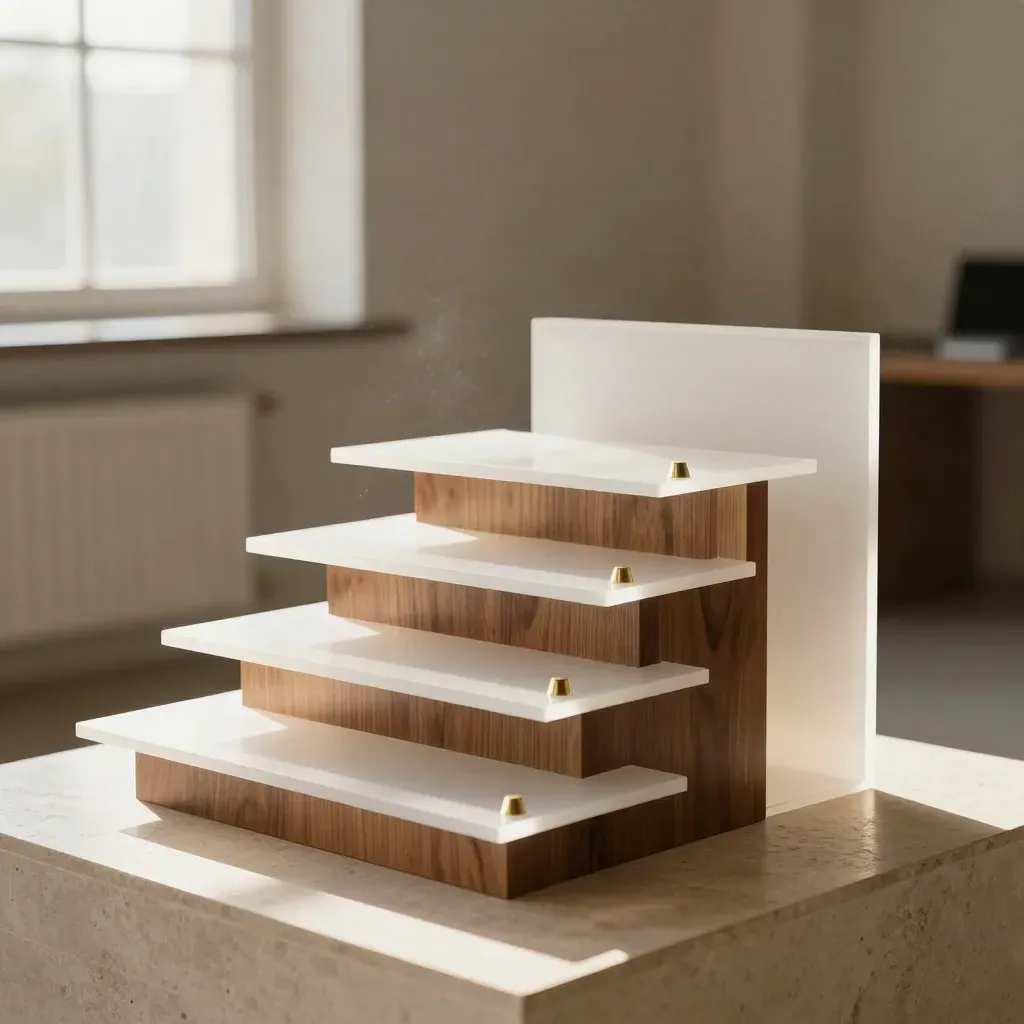 Installazione strategica in acrilico bianco e ottone in un loft luminoso.