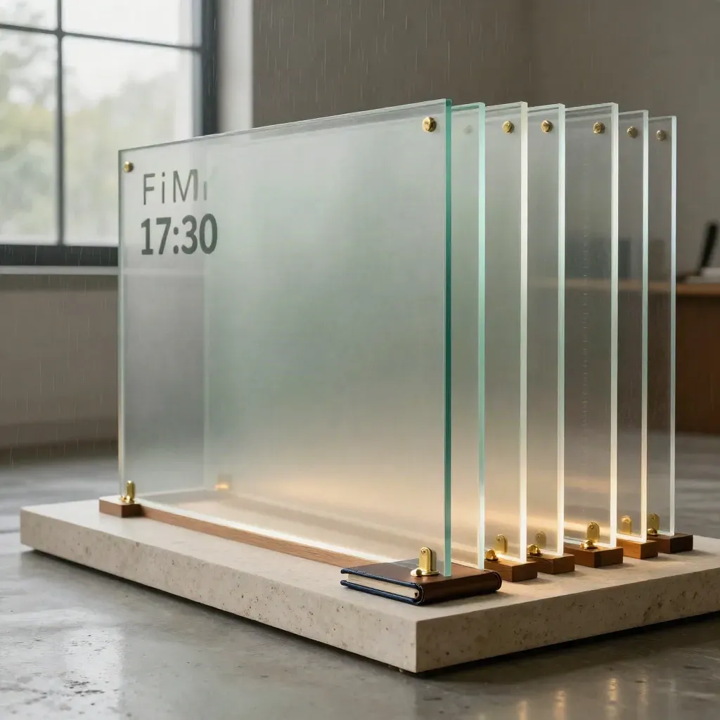 Installazione strategica in acrilico e legno su pietra, luce post-pioggia, mood cinematografico.