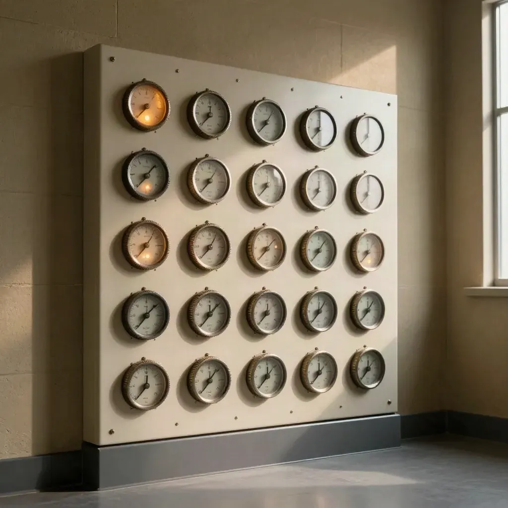 Parete performance analogica con indicatori metallici e luci in un ambiente aziendale cupo