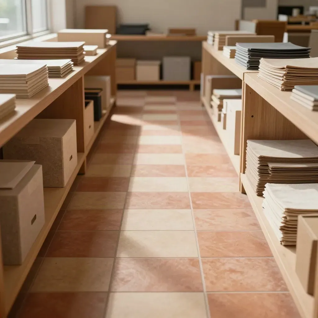 Zona operativa riordinata con mattonelle modulari e passaggio libero, luce mattutina calda.