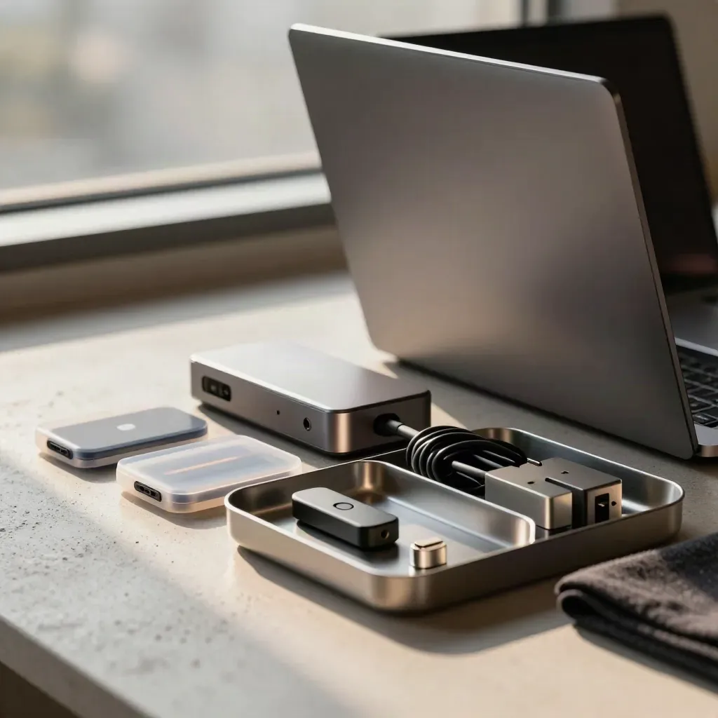 Postazione laptop pronta all’uso con accessori ordinati e luce cinematografica