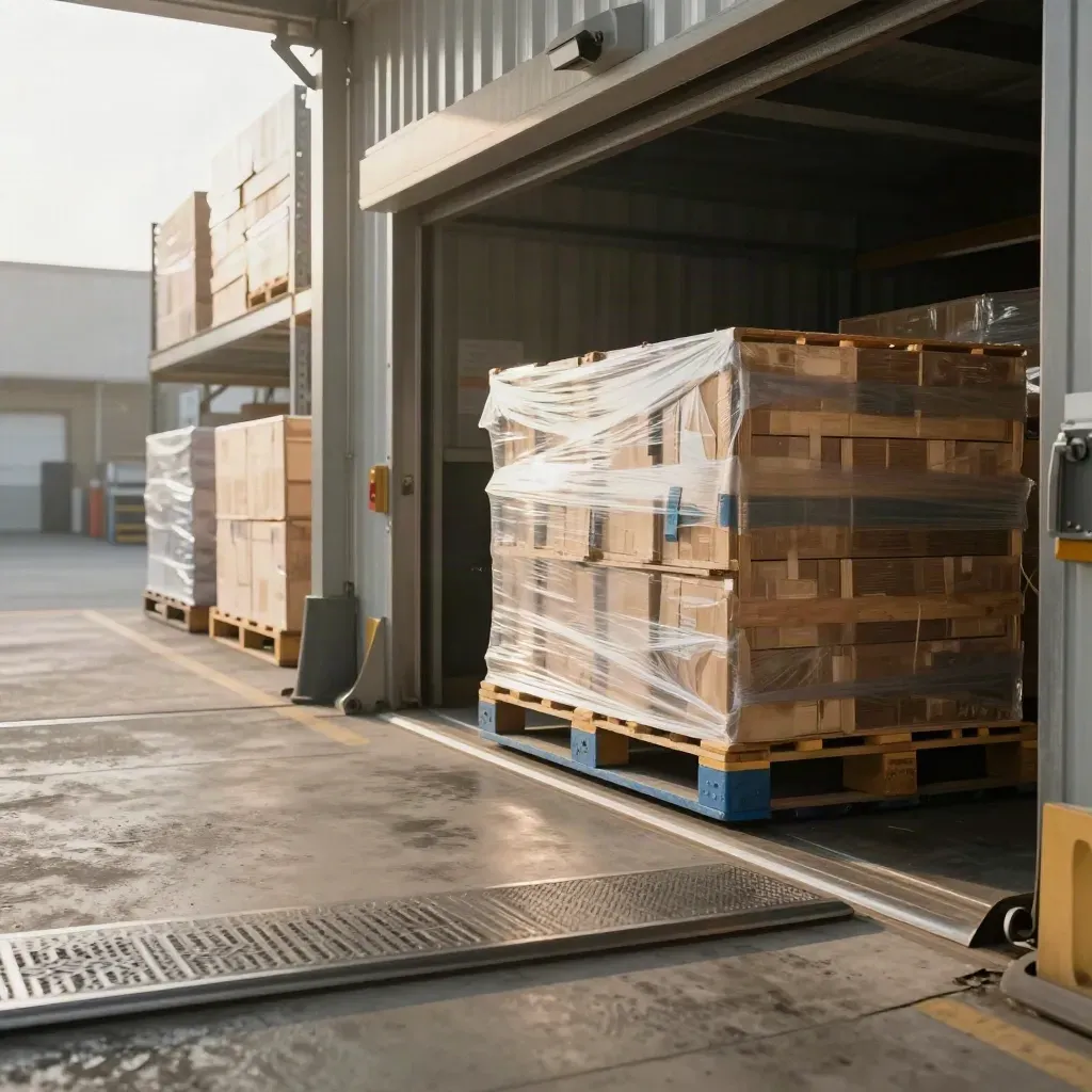 Un molo logistico con pallet e casse in movimento sotto luce naturale.