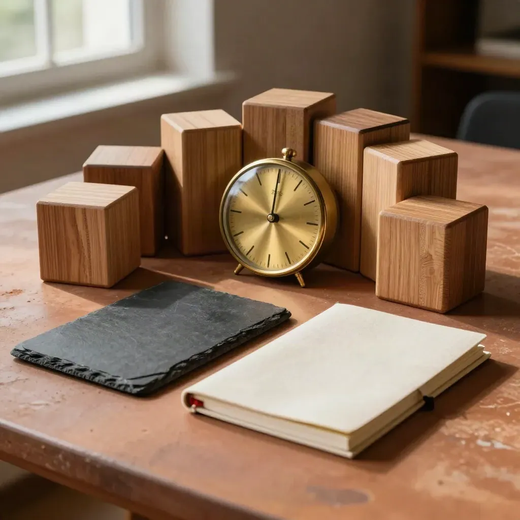 Kit formativo con timer in ottone, cubi in legno e quaderno chiuso su pietra ardesia