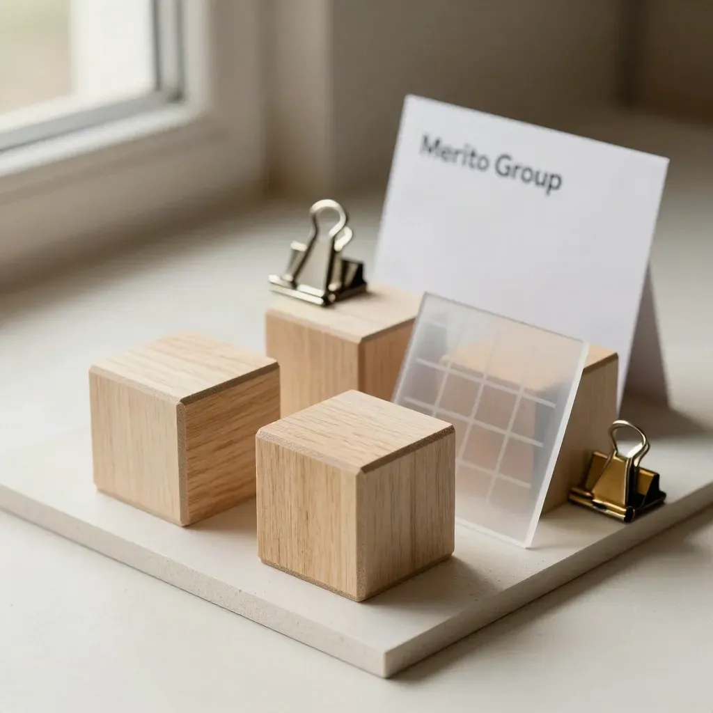 Cubi di legno, clip metalliche e foglio acetato su fondo chiaro, visti dall’alto.
