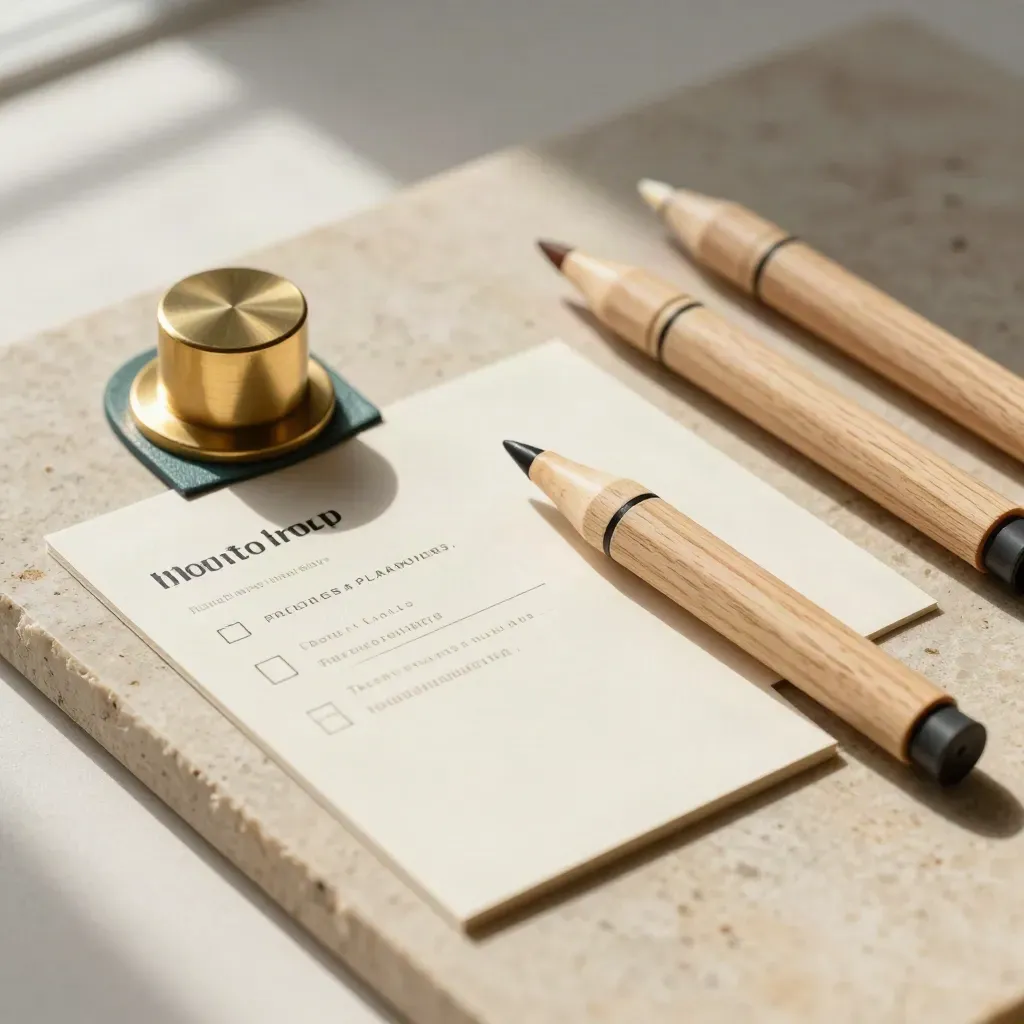 Flatlay dall'alto con card di processo, disco in ottone, linguetta in pelle e marker in legno.
