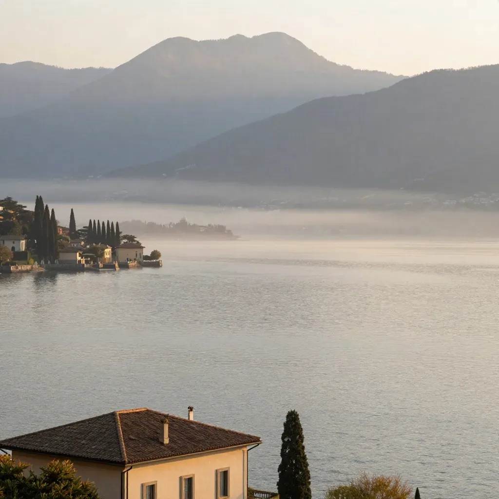 Costa del Lago di Como all’alba, villa pallida tra la nebbia e acqua calma