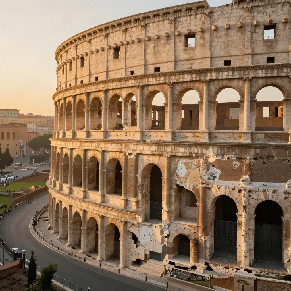 Arco esterno del Colosseo al tramonto con travertino romano e luce dorata su Roma.