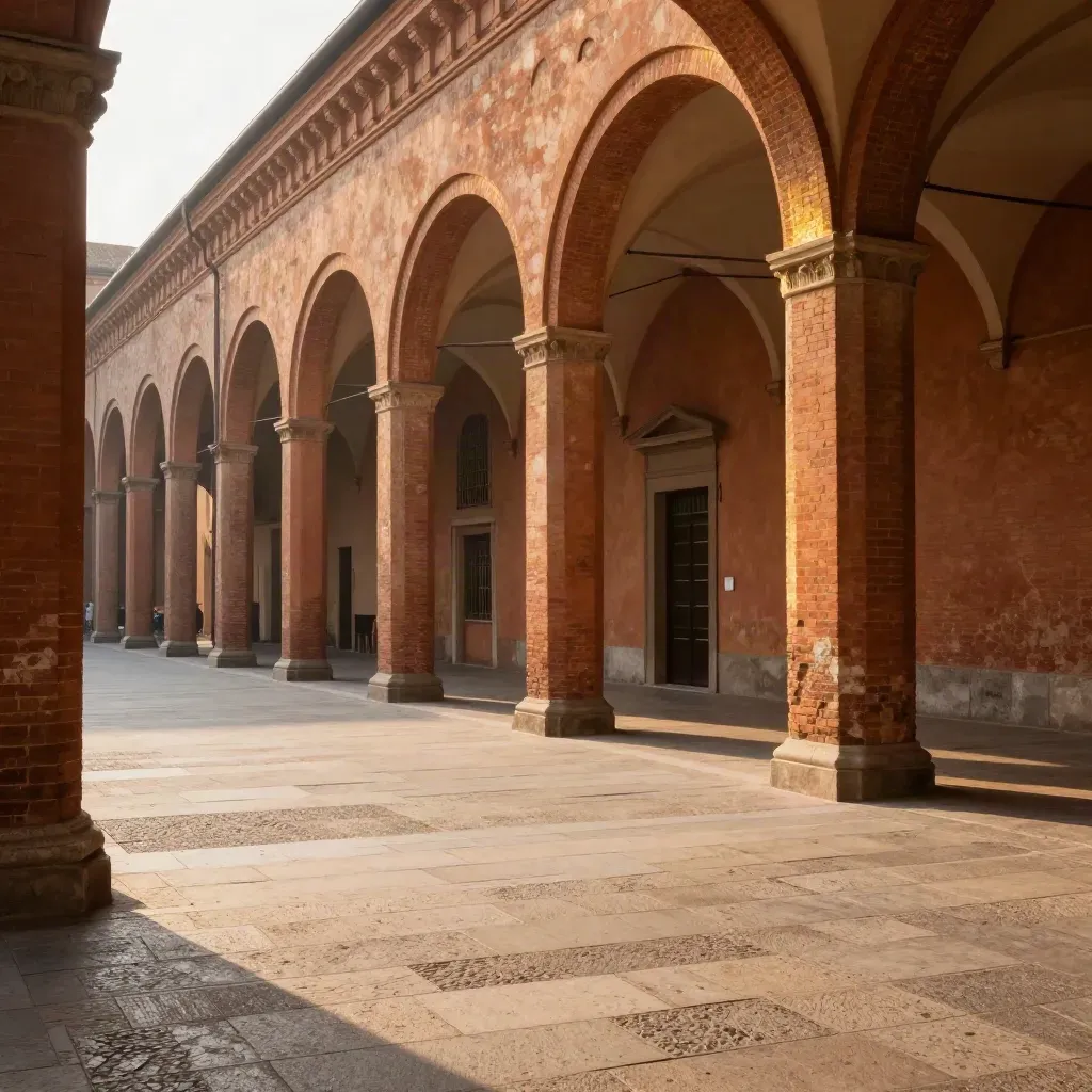 Arcate porticate di Bologna al tramonto, piazza tranquilla e luce dorata