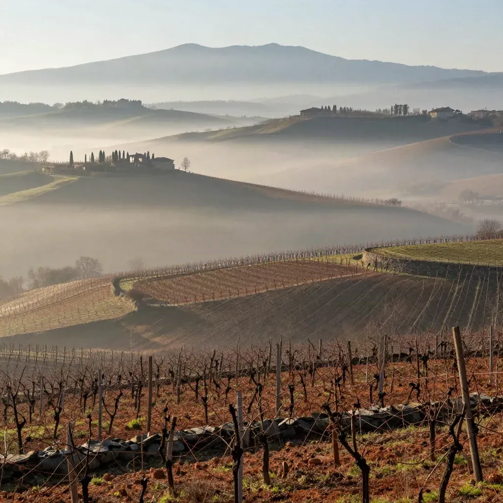Colline delle Langhe nella nebbia mattutina con filari di vigneti e Alpi lontane
